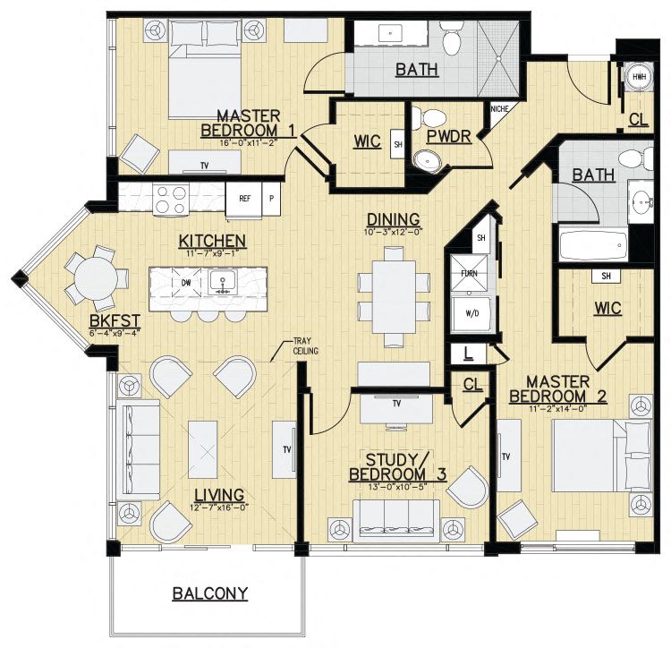 Floor plan for 3 beds, 2.5 baths, 1433 sqft